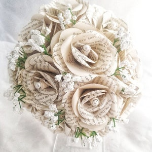 Book Page Paper Flower Roses, Artificial Paper Wedding Flowers, Bridal Bouquet, Paper Wedding Flower Collection, Handmade Paper Flowers 12 Rose gypsophila