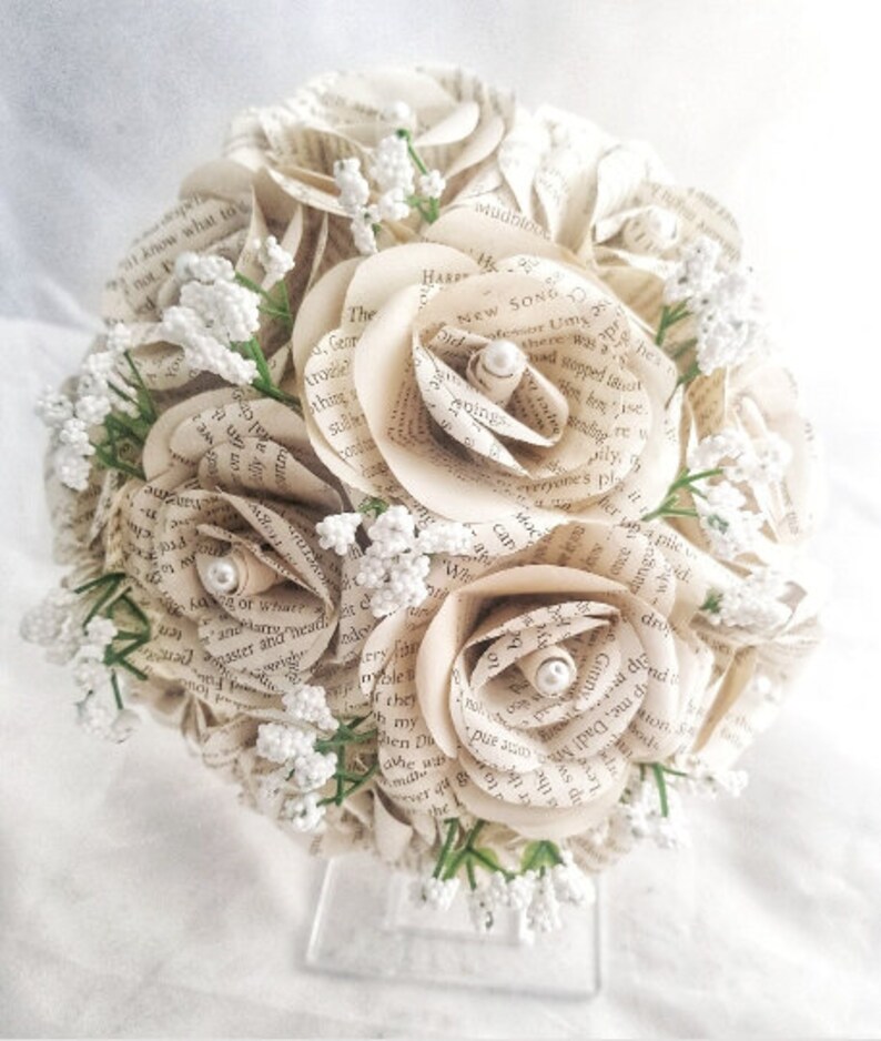 Book Page Paper Flower Roses, Artificial Paper Wedding Flowers, Bridal Bouquet, Paper Wedding Flower Collection, Handmade Paper Flowers 12 Rose gypsophila