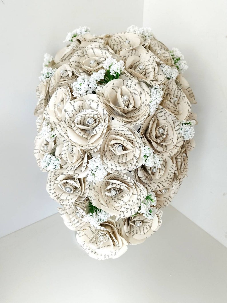 Teardrop Wedding Bouquet // cascading bridal flowers, paper flowers, rustic wedding, paper flowers, book bouquet // The Adele image 1