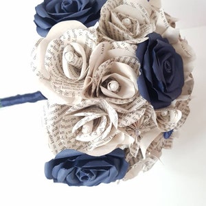 Navy blue and book bouquet, Bridal bouquet, Wedding flowers, Book page paper flower bouquet, Paper flower bouquet // The Jasmine image 3