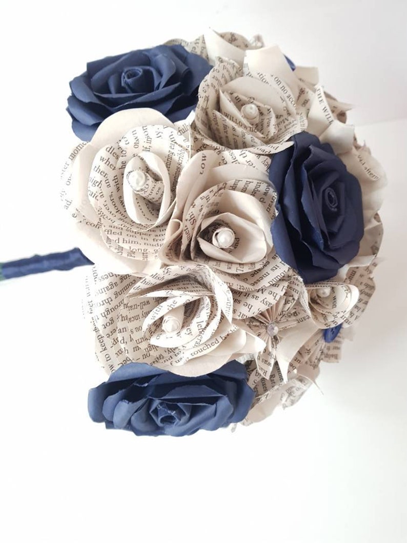 Navy blue and book bouquet, Bridal bouquet, Wedding flowers, Book page paper flower bouquet, Paper flower bouquet // The Jasmine image 3