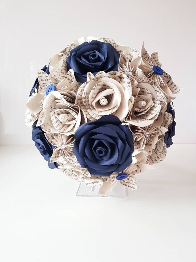 Navy blue and book bouquet, Bridal bouquet, Wedding flowers, Book page paper flower bouquet, Paper flower bouquet // The Jasmine image 1