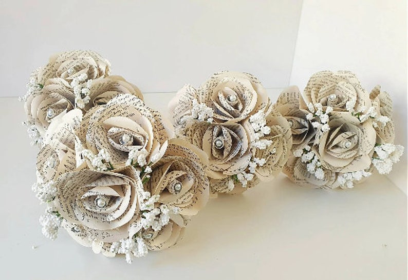 Book Page Paper Flower Roses, Artificial Paper Wedding Flowers, Bridal Bouquet, Paper Wedding Flower Collection, Handmade Paper Flowers 6 Rose gypsophila