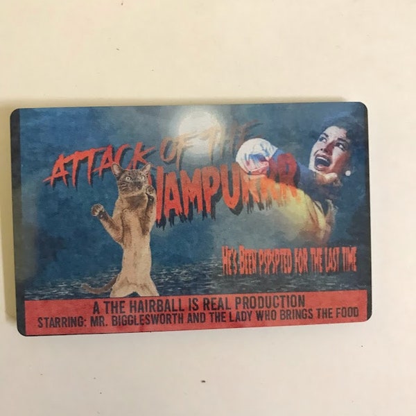 Attack of the Vampurrr Fake Movie poster Business Card Sized Metal Magnet.