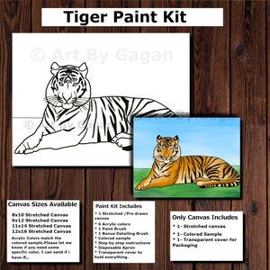 May include: Tiger paint kit with a pre-drawn canvas, acrylic paints, brushes, and step-by-step instructions. The kit includes a stretched canvas, a colored sample, and a transparent cover for packaging. Canvas sizes available: 8x10, 9x12, 11x14, and 12x16 inches.