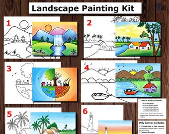 May include: Landscape painting kit with six different designs. Each design is shown in both a black and white outline and a colored version. The kit includes a stretched or flat canvas, acrylic paints, paint brushes, and step-by-step instructions.