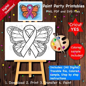 Cancer relief/Butterfly/Instant Digital download/DIY Paint Party printable/Pre-drawn Canvas/Adult Paint & Sip/Art PartyGirls date night