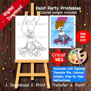 Cancer Relief/Skater girl/Instant Digital download/DIY Paint Party printabl/Predrawn Canvas/Adult Paint & Sip/Girls night/Paint with a twist