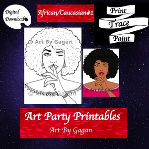 African/Caucasian#1/Digital download/DIY Paint Party printable/Pre-drawn/Outline Canvas/Adult Painting/Paint & Sip/Art Party/Coloring Page