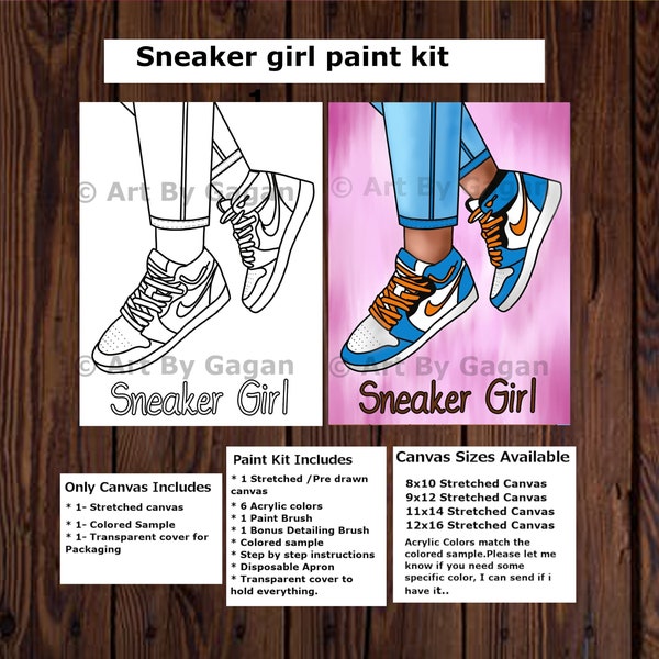 Sneaker Girl/Pre Drawn Canvas/Teen/Adult Painting/DIY Canvas paint kit/Girls Party Night/Pre-Outlined /Sketched/ Stencil Canvas/ Nike shoes