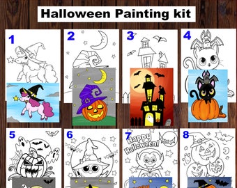 Halloween Paint party canvas,Kids paint party canvas,Halloween DIY Paint kit,Witch, Pumpkin,Pre drawn/sketched/Outlined canvas,Paint and sip