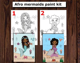 Afro Mermaid Predrawn/ Pre printed Canvas/ Outlined Sketch Paint Kit/ DIY Girl Kid Cute Birthday Party Idea/ Paint Your Own/ Ready to Paint