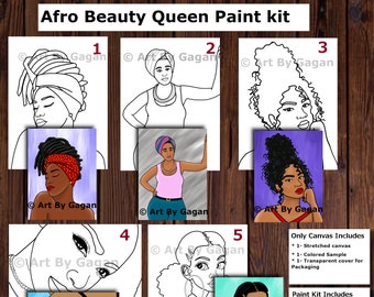 Afro Beauty Queen/African/American/caucasian women/girl paint party,Pre drawn/sketched canvas,Paint and Sip,Teen/Adult paint kit,Mothers day