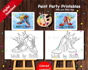 Walk by Faith/Heels/Sneakers crown/Digital download/DIY Paint Party printable/Pre-drawn/Outline Canvas/Adult Painting/Paint & Sip/Date night