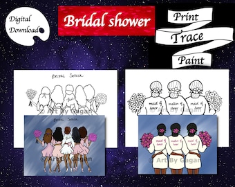 May include: A printable set of four images for a bridal shower art party. The images feature a bride and bridesmaids with bouquets of flowers. The images are in black and white and color. The text "Bridal Shower" and "Art Party Printables" is included in the image.