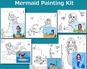 Mermaid Paint Kit, Pre-Drawn Canvas, Kids Art Party