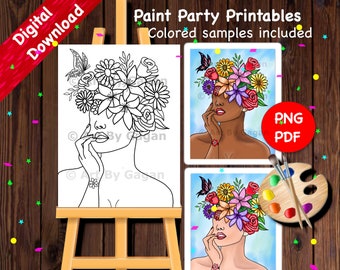 Flower girl/Instant Digital download/DIY Paint Party printable/Pre-drawn/Outline Canvas/Adult Paint/Paint & Sip/Art PartyGirls date night