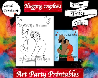 May include: A black and white line art printable of a couple hugging. The couple is facing left and the woman is resting her head on the man's shoulder. The image is surrounded by hearts and the text "Art By Gagan" appears multiple times. The image is part of a set of printable art party printables.