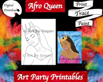 Afro Queen/Digital download/DIY Paint Party printable/Pre-drawn/Outline Canvas/Adult Painting/Paint & Sip/Art Party/Coloring Page/Stencil