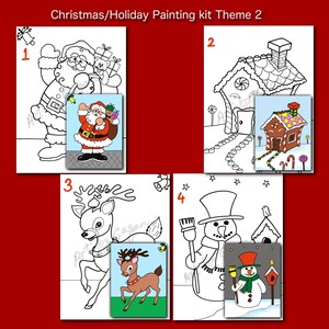 May include: A Christmas/Holiday painting kit with four different images to color. The images include Santa Claus, a gingerbread house, a reindeer, and a snowman. Each image has a smaller version of itself to color in the corner.