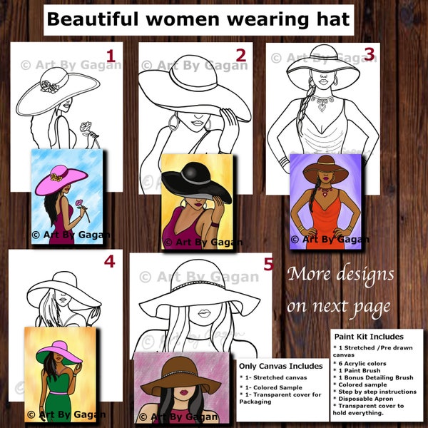 Hat/Pre-drawn/Outlined/sketched canvas,Girls/Teen/Adult painting kit,African/American/Caucasian women,Paint and sip party,Ladies paint night
