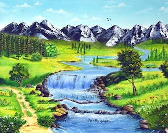 Mountain River landscape painting, Original Oil painting, 12X16, Realistic painting, Waterfall painting,River landscape,Canvas Art, Wall art