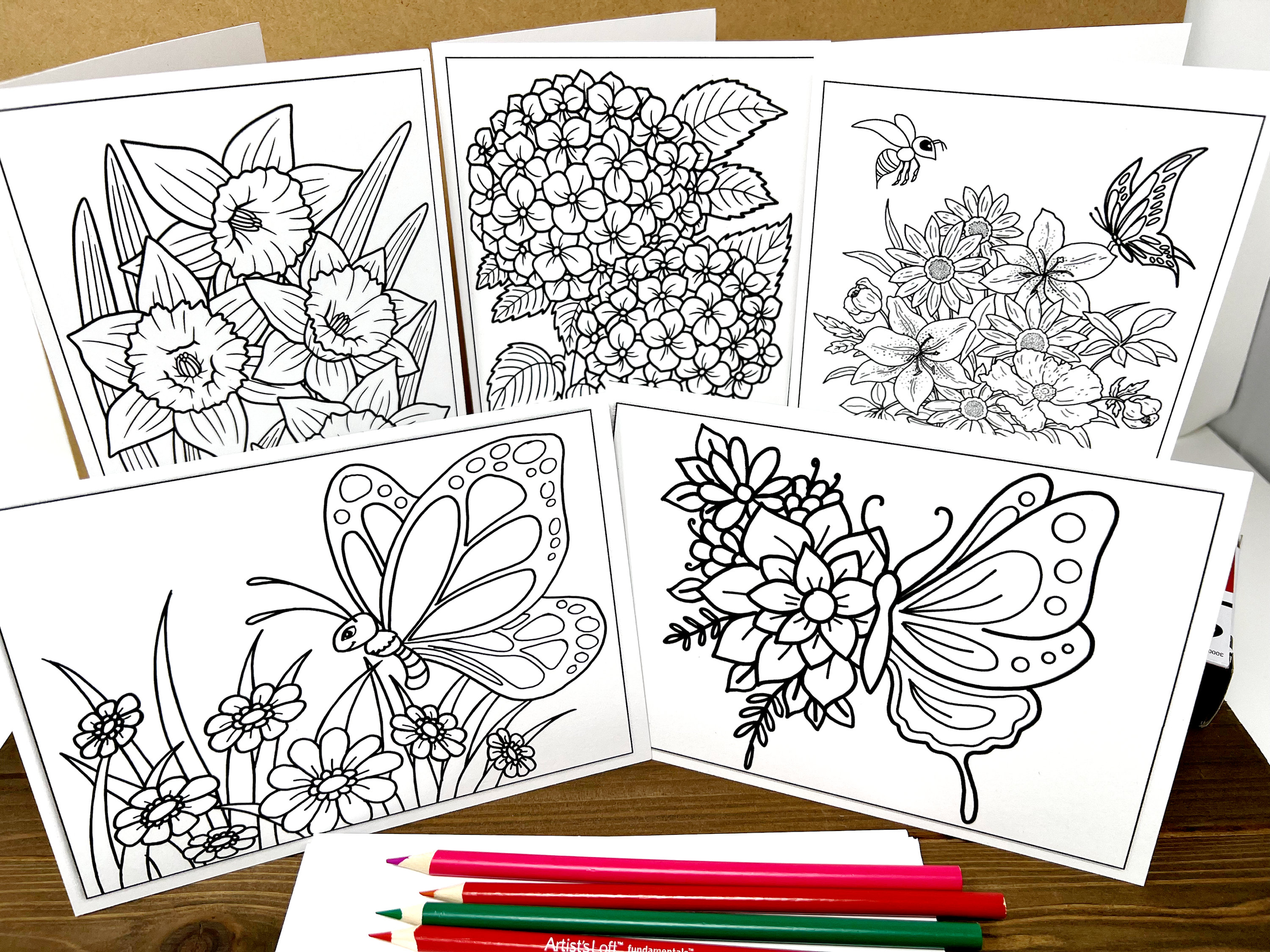 Flower Butterfly Coloring Card Set, DIY Greeting Cards (A7 Size) - Etsy