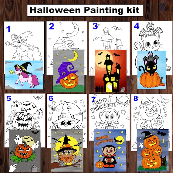 Halloween Paint Party Canvas,kids Paint Party Canvas,halloween DIY Paint  Kit,witch, Pumpkin,pre Drawn/sketched/outlined Canvas,paint and Sip 
