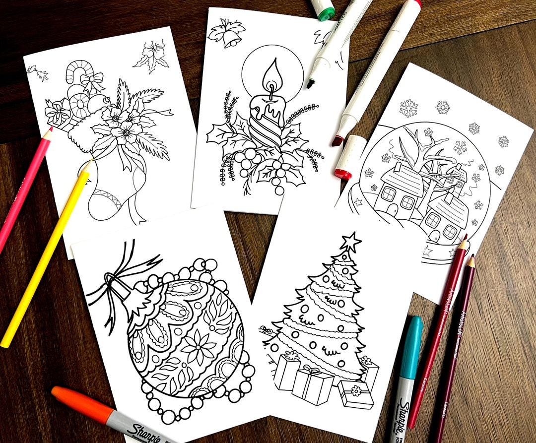 Set of 5 christmas DIY Coloring Cards color It Yourself Cards Christmas