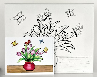 Pre-Drawn Tulip Canvas, DIY Paint Party Art Set