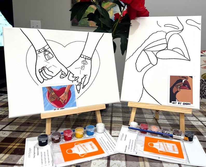 Pinky finger Lock and key/Valentines day/Couple Date night canvases/Paint and Sip Canvas/ Paint Party Outline/Paint with a Twist/ /Pre drawn image 6