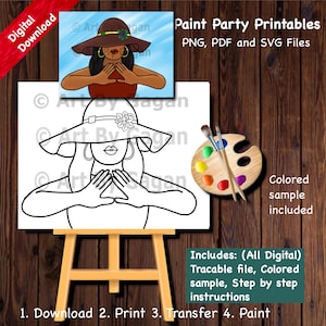 Op de afbeelding: Een zwart-witte lijnkunstprint van een vrouw met een hoed die een handgebaar maakt. De print staat op een ezel met kwasten en een palet. De tekst "Paint Party Printables" staat bovenaan de afbeelding. De tekst "Includes: (All Digital) Tracable file, Colored sample, Step by step instructions" staat onderaan de afbeelding. De tekst "1. Download 2. Print 3. Transfer 4. Paint" staat onderaan de afbeelding.