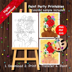 Blumenkopf Mädchen/Sofortiger digitaler Download/DIY Paint Party druckbare/vorgezeichnete/Outline Canvas/Teen/Adult Paint & Sip/ArtPartyGirls Datum Nacht