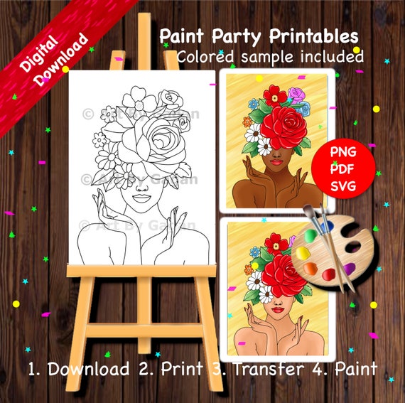 Flower Head Girl Outline Canvas, DIY Paint Party (Digital Download)