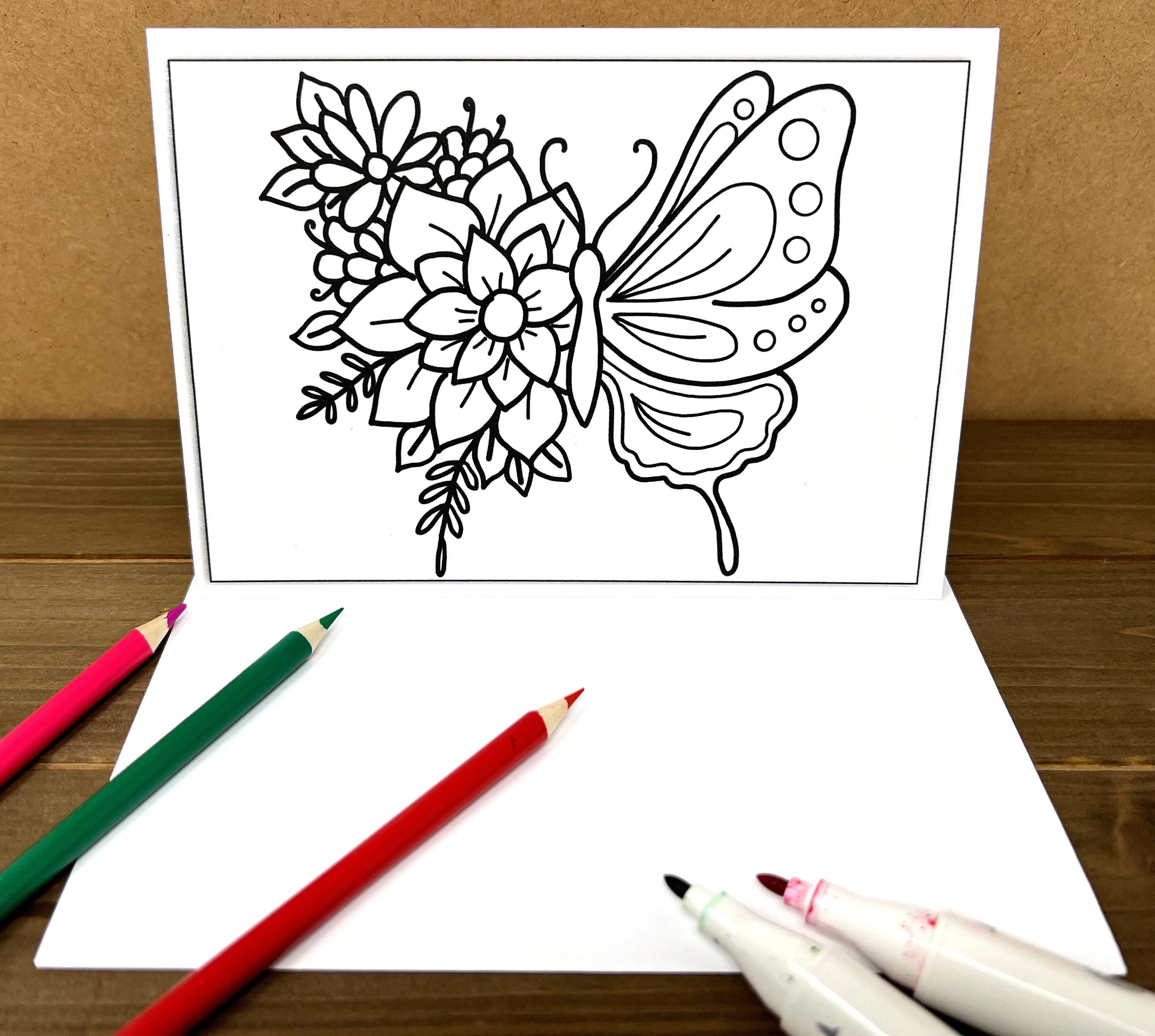 Flower Butterfly Coloring Card Set, DIY Greeting Cards (A7 Size) - Etsy UK