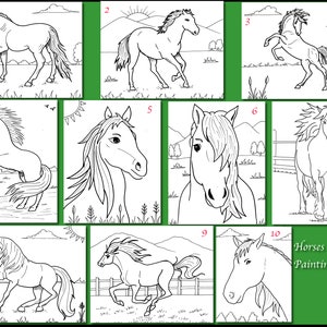 May include: A Horses Painting Kit featuring ten line drawings of horses in various poses. The images include horses running, rearing, and standing, set against backgrounds of fields, skies, and a barn. The kit is designed for painting.