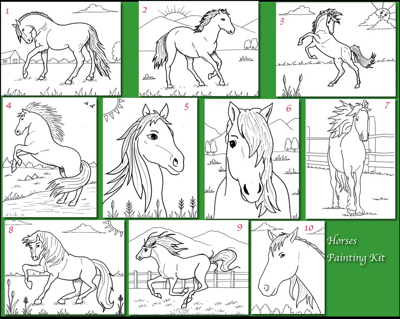 May include: A Horses Painting Kit featuring ten line drawings of horses in various poses. The images include horses running, rearing, and standing, set against backgrounds of fields, skies, and a barn. The kit is designed for painting.
