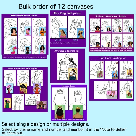 Bulk Order of 12 Canvases,pre Drawn/outlined/sketched Canvas,teen/adult  Painting Kit,african/american Women,paint and Sip,fashion Canvas 