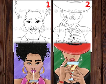 May include: A digital painting kit featuring two black and white line drawings of women sipping drinks. The first image shows a woman with curly hair wearing large hoop earrings. The second image shows a woman wearing a hat and large hoop earrings. The text "Women sipping Paint Kit" is at the top of the image. The numbers "1" and "2" are next to each image.