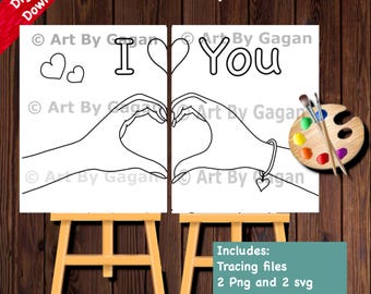 May include: A printable coloring page featuring two hands forming a heart shape with the words "I Love You" in the background. The page is designed for a paint party and includes tracing files in PNG and SVG formats.