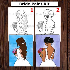 May include: A paint-by-number kit featuring a bride in a white dress holding a bouquet of flowers. The kit includes two images, one black and white and one with color.