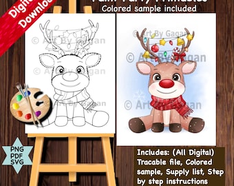 May include: A printable paint party activity featuring a cute cartoon reindeer wearing a red scarf and a festive hat with lights and ornaments. The printable includes a colored sample, a traceable file, a supply list, and step-by-step instructions.