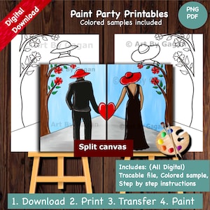 May include: A printable paint by numbers kit featuring a couple walking away from each other with a heart in the middle. The kit includes a black and white outline, a colored sample, and step-by-step instructions. The text on the image reads "Paint Party Printables, Colored samples included, Split canvas, Includes: (All Digital) Tracable file, Colored sample, Step by step instructions, 1. Download 2. Print 3. Transfer 4. Paint".