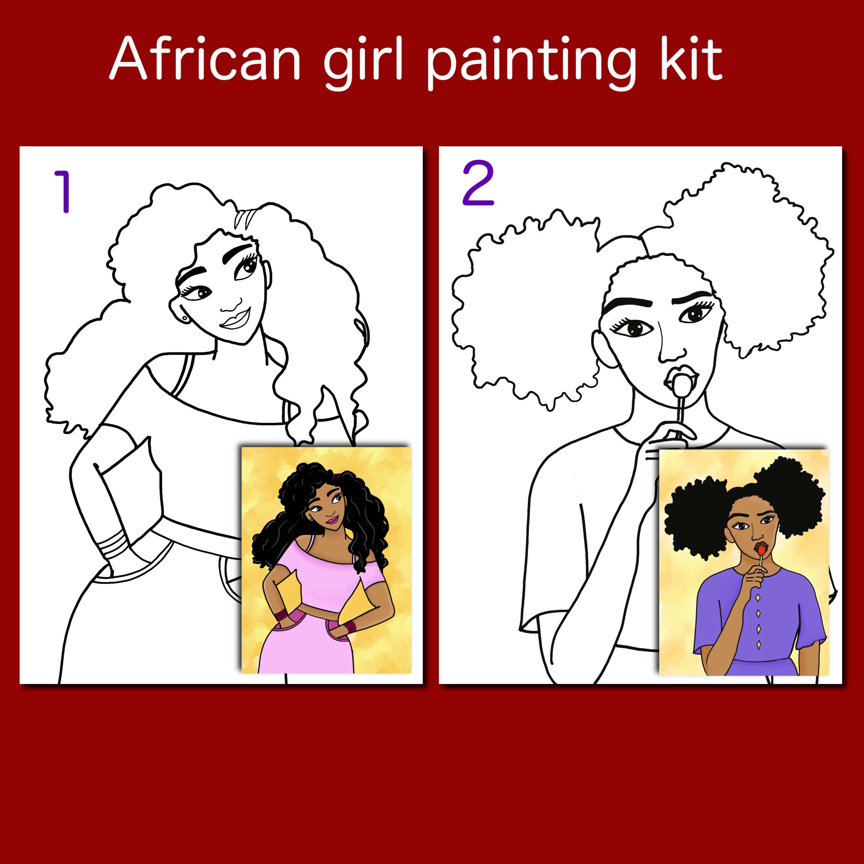 GetUSCart- Canvas Painting, Pre Drawn Stretched Cotton Canvas, Afro Queen  2, Birthday Gift, Adult Sip and DIY Paint Party Favor, Queen 2