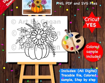 Pumpkin and flowers/Fall theme/Instant Digital download/DIY Paint Party printable/Pre-drawn Canvas/Adult Paint & Sip/Girls date night