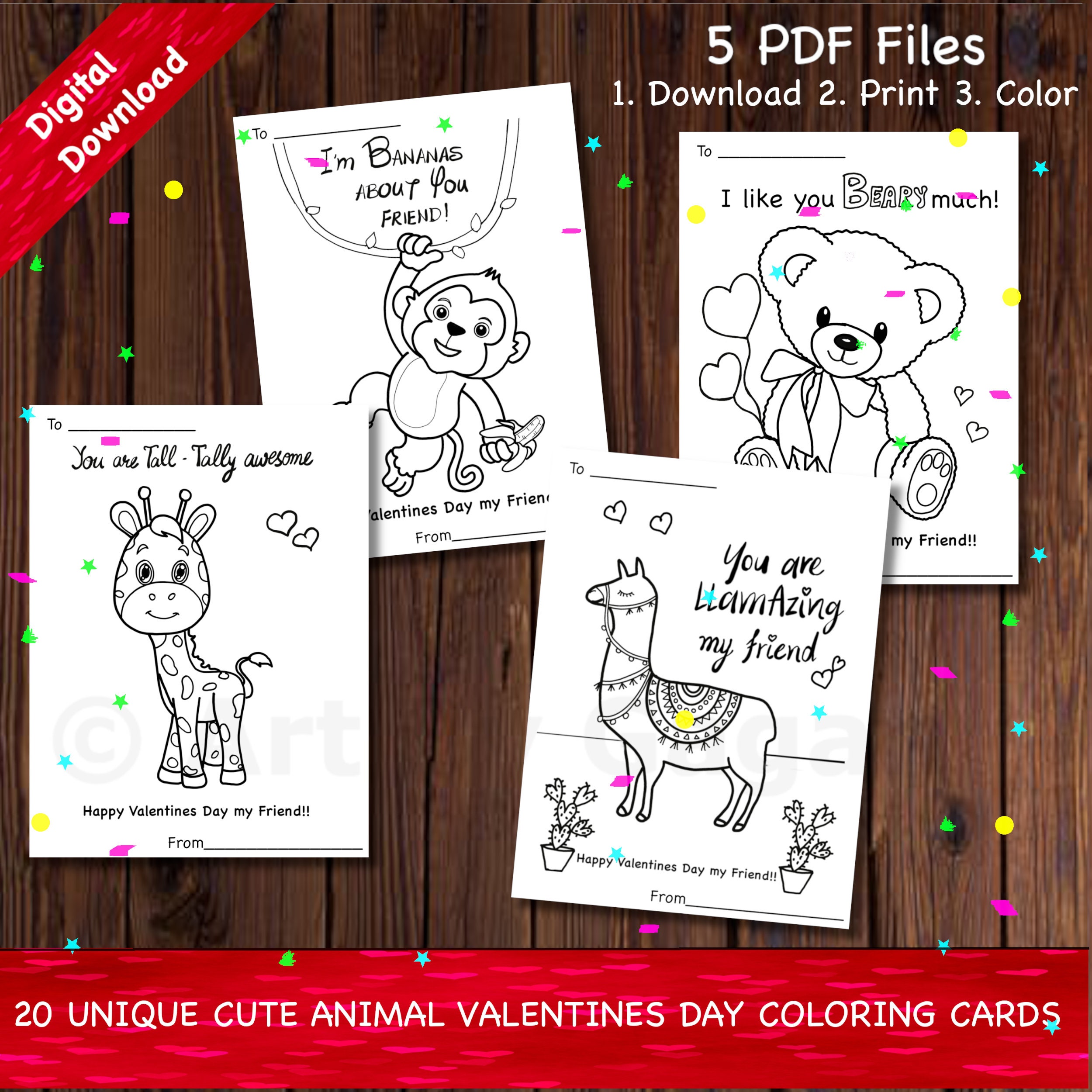 20 Printable Valentine's Day Coloring Cards for Kids, Animal Valentines,  Color Your Own Valentines Cards, Classroom Valentines - Etsy, image size:2500x2500