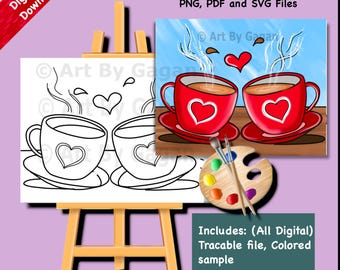 Op de afbeelding: Een digitale download van een verfparty-printbare met twee rode koffiekopjes met harten erop. De printbare bevat een traceerbaar bestand en een gekleurd voorbeeld. De tekst "Paint Party Printables" staat bovenaan de afbeelding. De tekst "PNG, PDF and SVG Files" staat onder de titel. De tekst "Art By Gagan" staat in de rechterbovenhoek van de afbeelding. De tekst "Includes: (All Digital) Tracable file, Colored sample" staat in de rechterbenedenhoek van de afbeelding. De tekst "1. Download 2. Print 3. Transfer 4. Paint" staat onderaan de afbeelding.