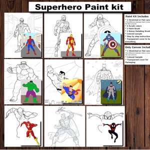 May include: A paint kit featuring nine superhero characters, including Spiderman, Iron Man, Captain America, Hulk, Superman, Batman, Flash, Thor, and Miles Morales. The kit includes a stretched or flat canvas, acrylic paints, paint brushes, a colored sample, and step-by-step instructions.