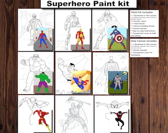 Paint your own superhero,DIY Painting Kit,Superhero paint party favor,Pre-drawn canvas,Art party,Kids party favors,Paint kit for boys
