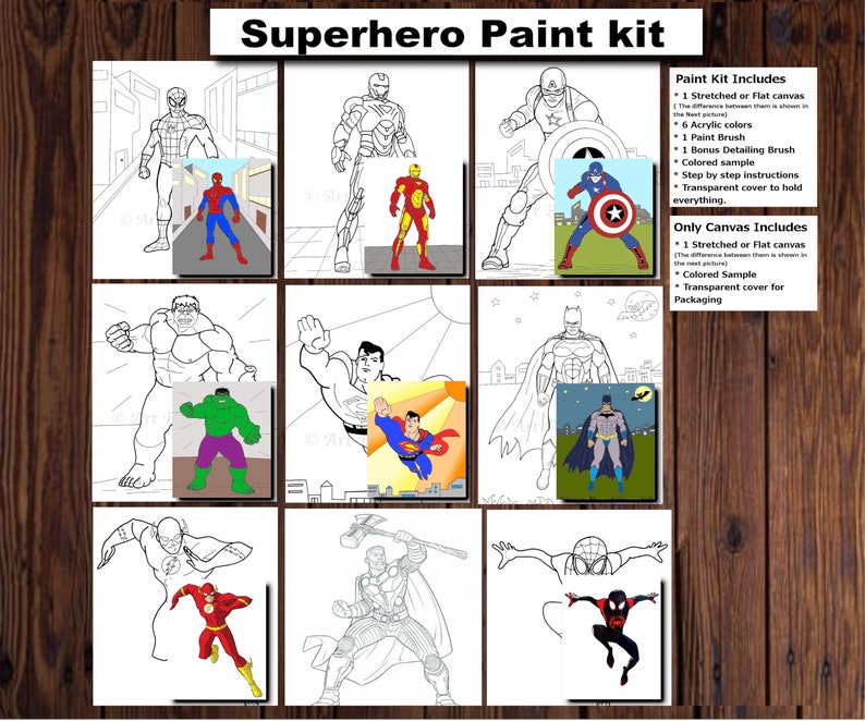 May include: A paint kit featuring nine superhero characters, including Spiderman, Iron Man, Captain America, Hulk, Superman, Batman, Flash, Thor, and Miles Morales. The kit includes a stretched or flat canvas, acrylic paints, paint brushes, a colored sample, and step-by-step instructions.